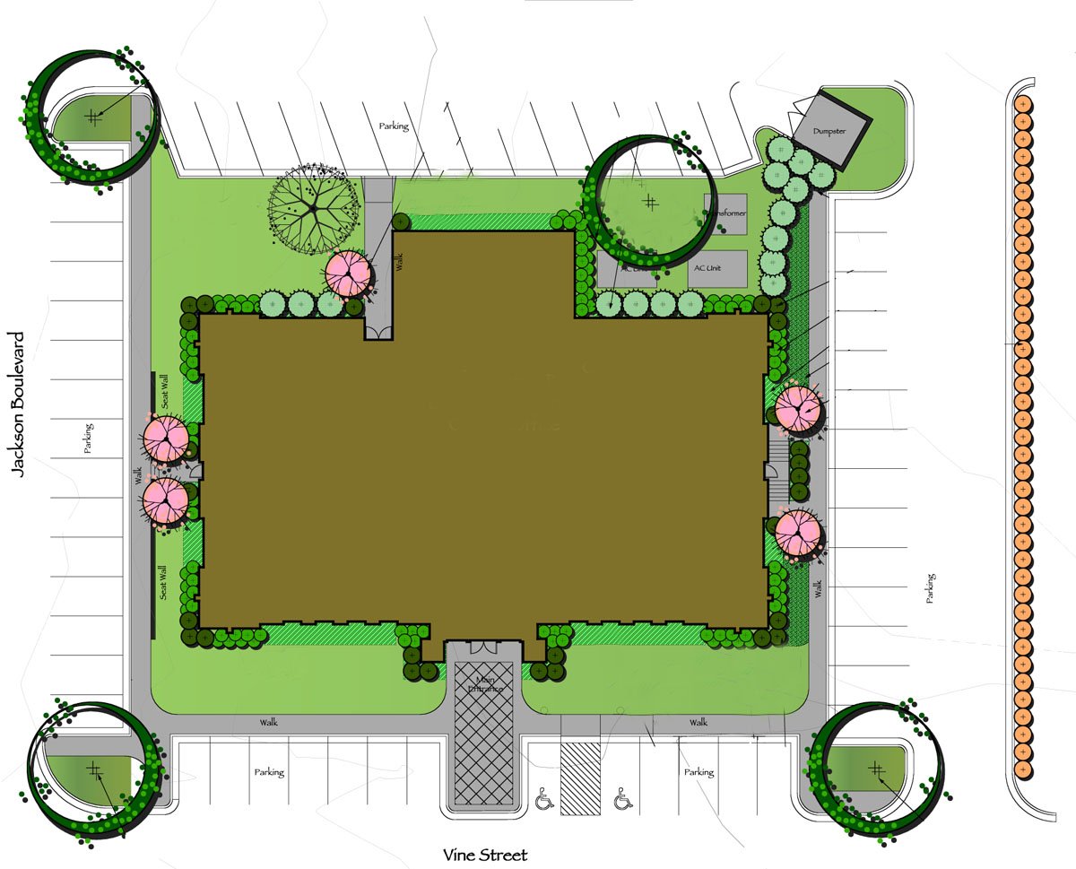 Site plan of a Mountain Brook Board of Education with surrounding landscaping, parking areas, sidewalks, trees, a dumpster, an AC unit, and pathways. The building is situated between Jackson Boulevard and Vine Street. project by B Group Architecture,