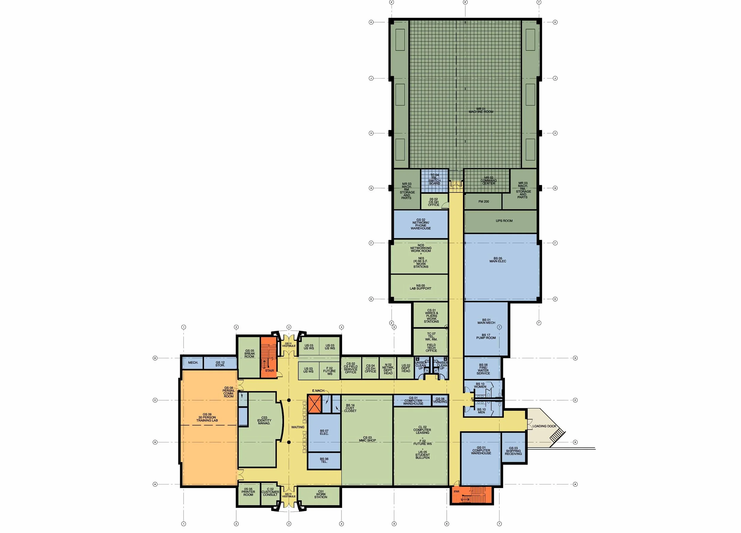 Rendered floor plan of a building with rooms labeled and colored for various purposes  - project by B Group Architecture, Inc.