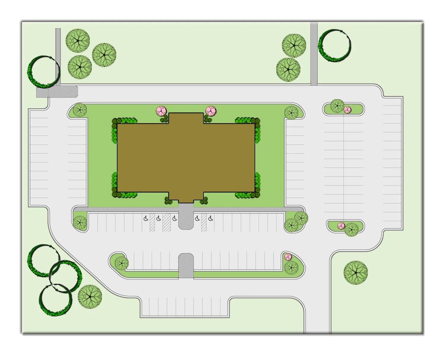 A site plan of a building surrounded by parking lots, driveways, landscaped areas with trees and bushes, and designated accessible parking spaces. project by B Group Architecture, Inc.