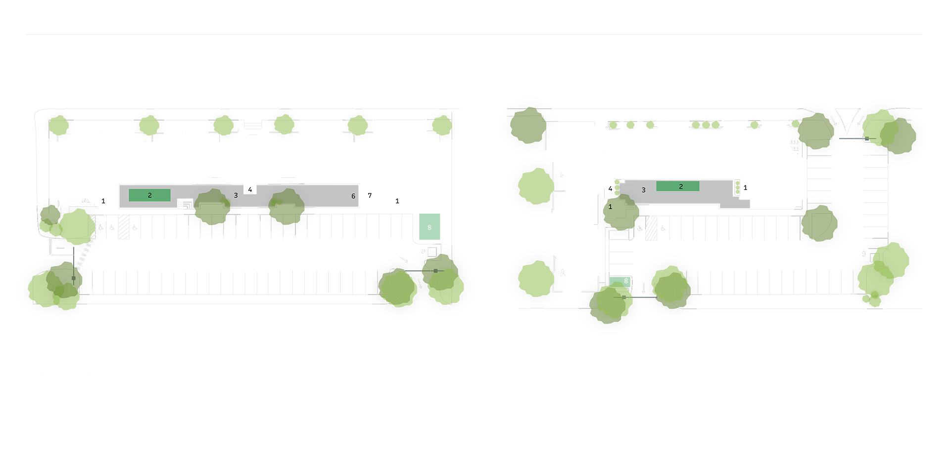 Site plan of a building complex showing parking lots, landscaped areas with trees, and various numbered sections such as green spaces, pathways, and structures.