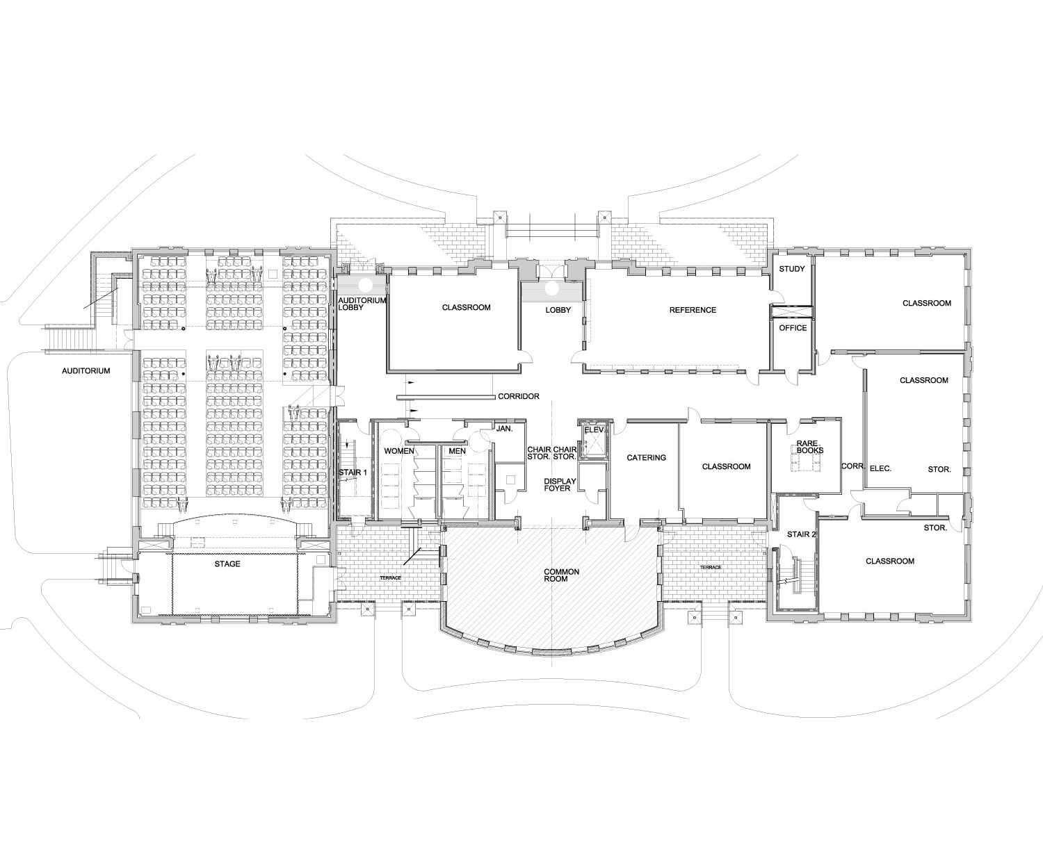 Architectural floor plan of a large educational building, including auditoriums, classrooms, offices, a stage, a common room, corridors, and various support rooms.