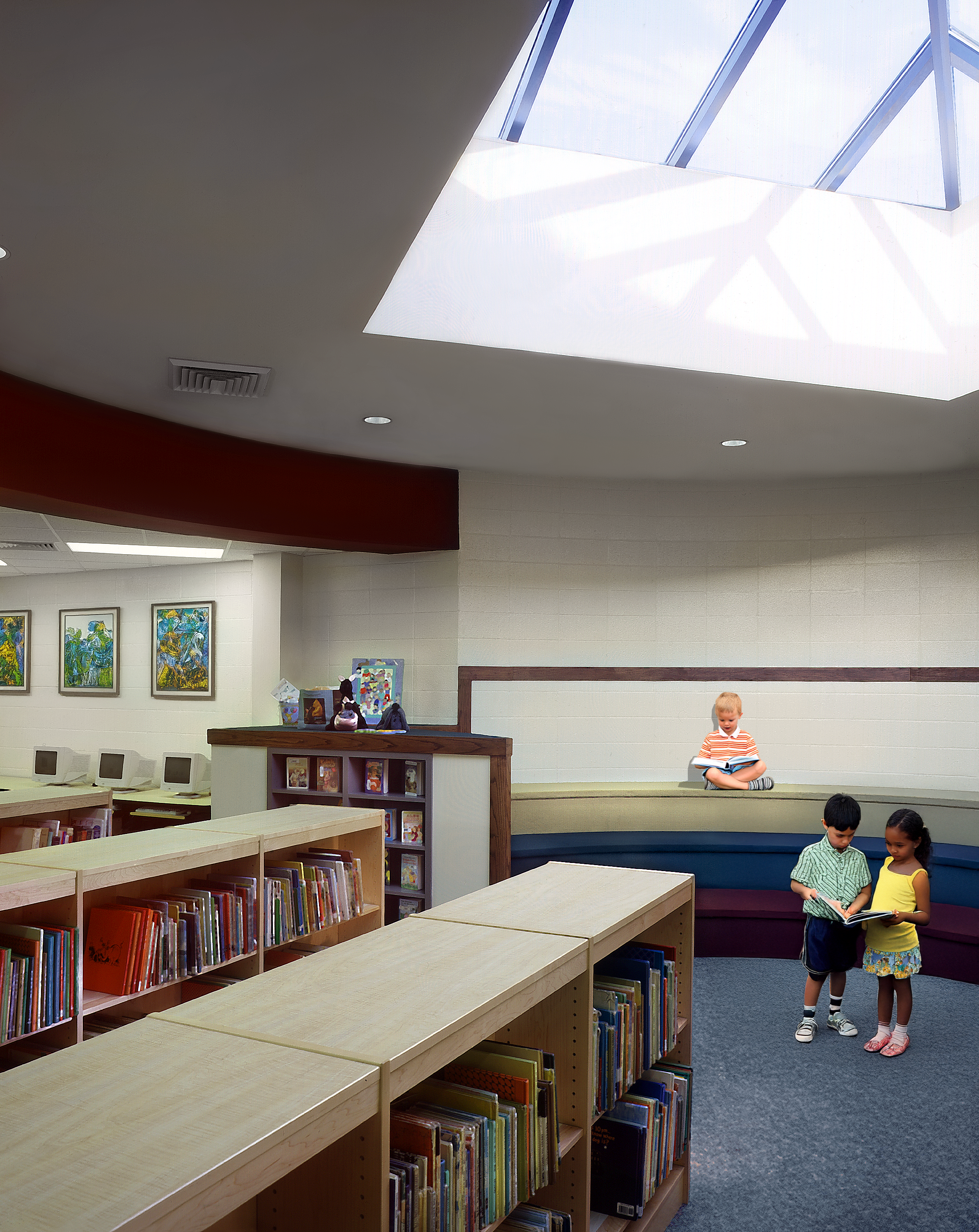 Interior library view at Brookwood Forest Elementary School. project by B Group Architecture, inc.