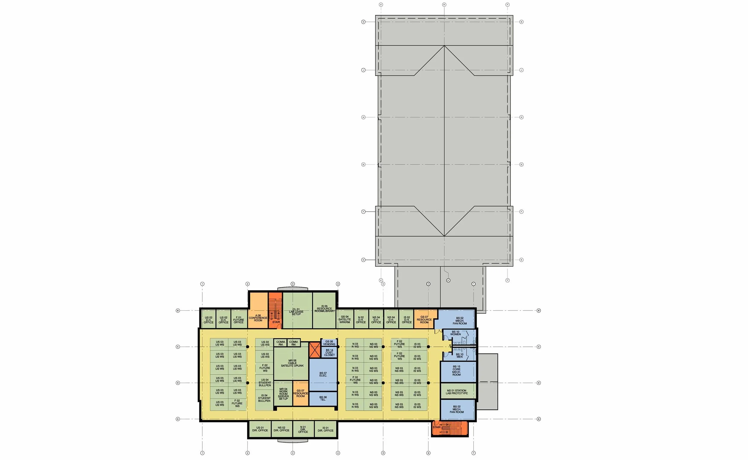Rendered floor plan of a building with rooms labeled and colored for various purposes  - project by B Group Architecture, Inc.