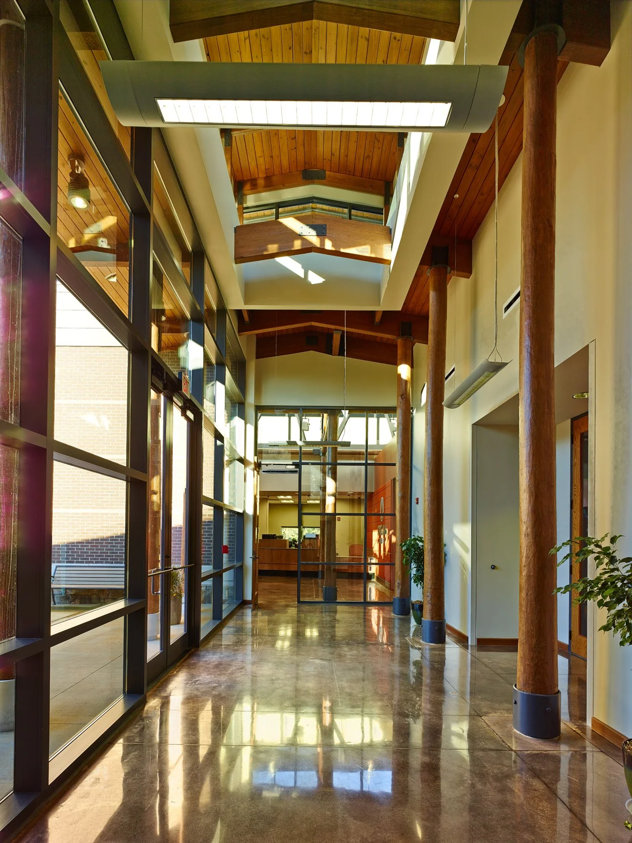 Indoor corridor with polished floor, large windows on the left, wooden columns on the right, ceiling with wooden panels, and natural sunlight streaming in.