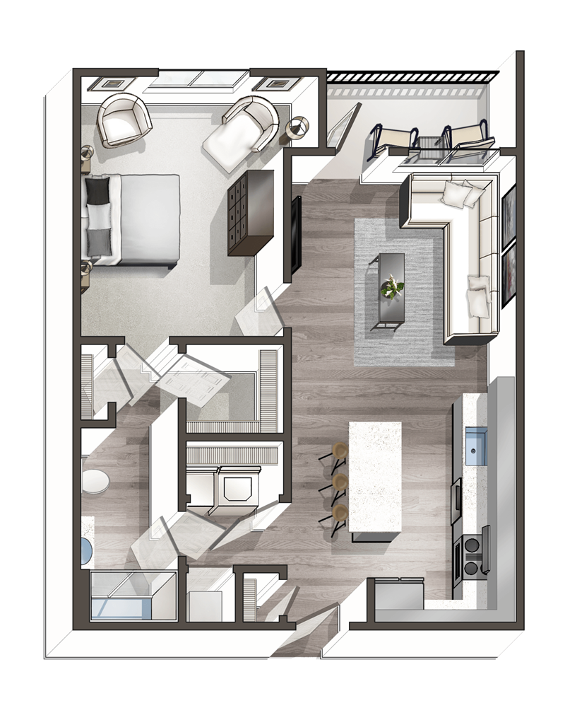 A detailed floor plan of an apartment showing a bedroom with a bed, chairs, a bathroom with a shower, a living room with sectional couch and TV, a kitchen with island and bar stools, and a balcony with outdoor seating.