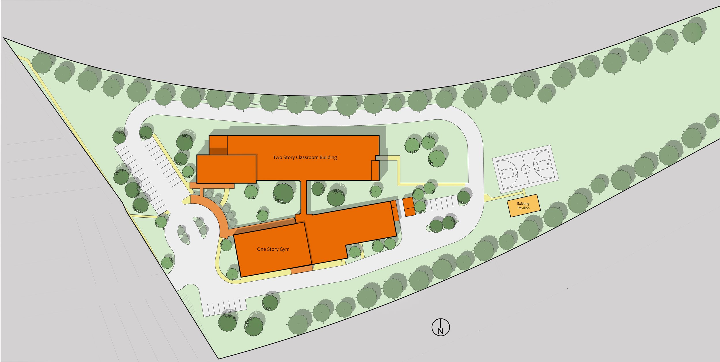 Site plan of a school campus with a two-story classroom building, one-story gym, existing pavilion, parking lots, basketball courts, and surrounding trees and pathways. - project by B Group Architecture, Inc.