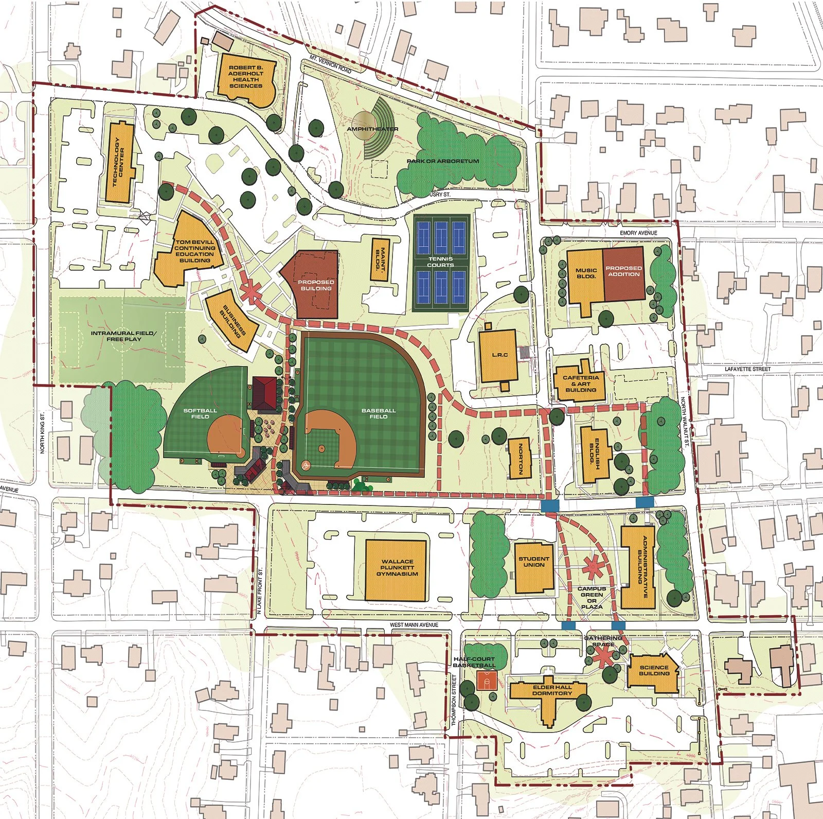 Map of a campus layout featuring athletic fields, academic buildings, recreational areas, and residential dormitories.