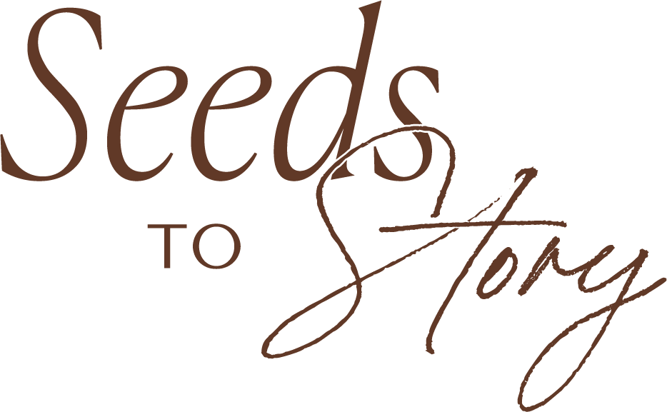 Text reading 'Seeds to Story' in brown handwritten style font.
