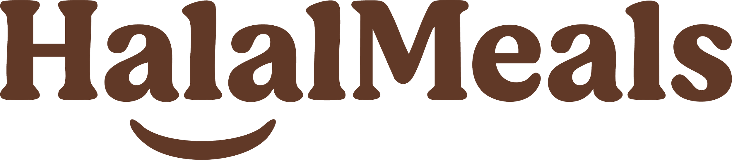 Logo with the word 'HalalMeat' in brown stylized font and a smiling mouth underneath.