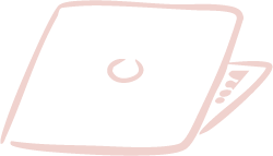 Simple sketch of a laptop computer in pink outline with a notch on the side.