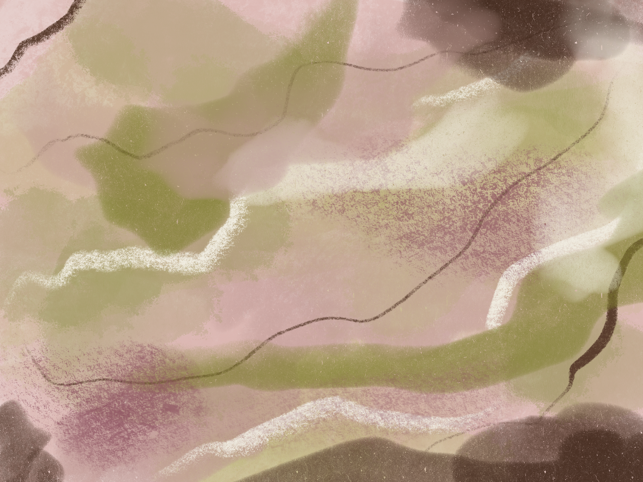 Abstract soft pastel-colored shapes with pink, green, and brown hues and thin black and white lines.