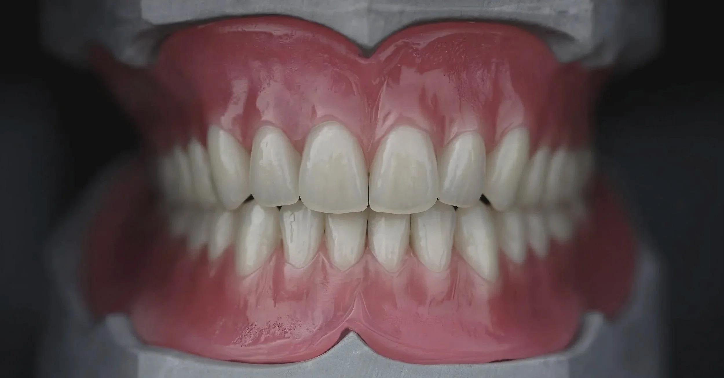 “Lesica Modern Dentures Chesterfield is a denture clinic led by Emilia Lesica, a GDC-registered Clinical Dental Technician.”A set of upper and lower teeth with gums on a reflective surface, showing straight, white teeth.