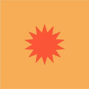 A red starburst shape on an orange background.