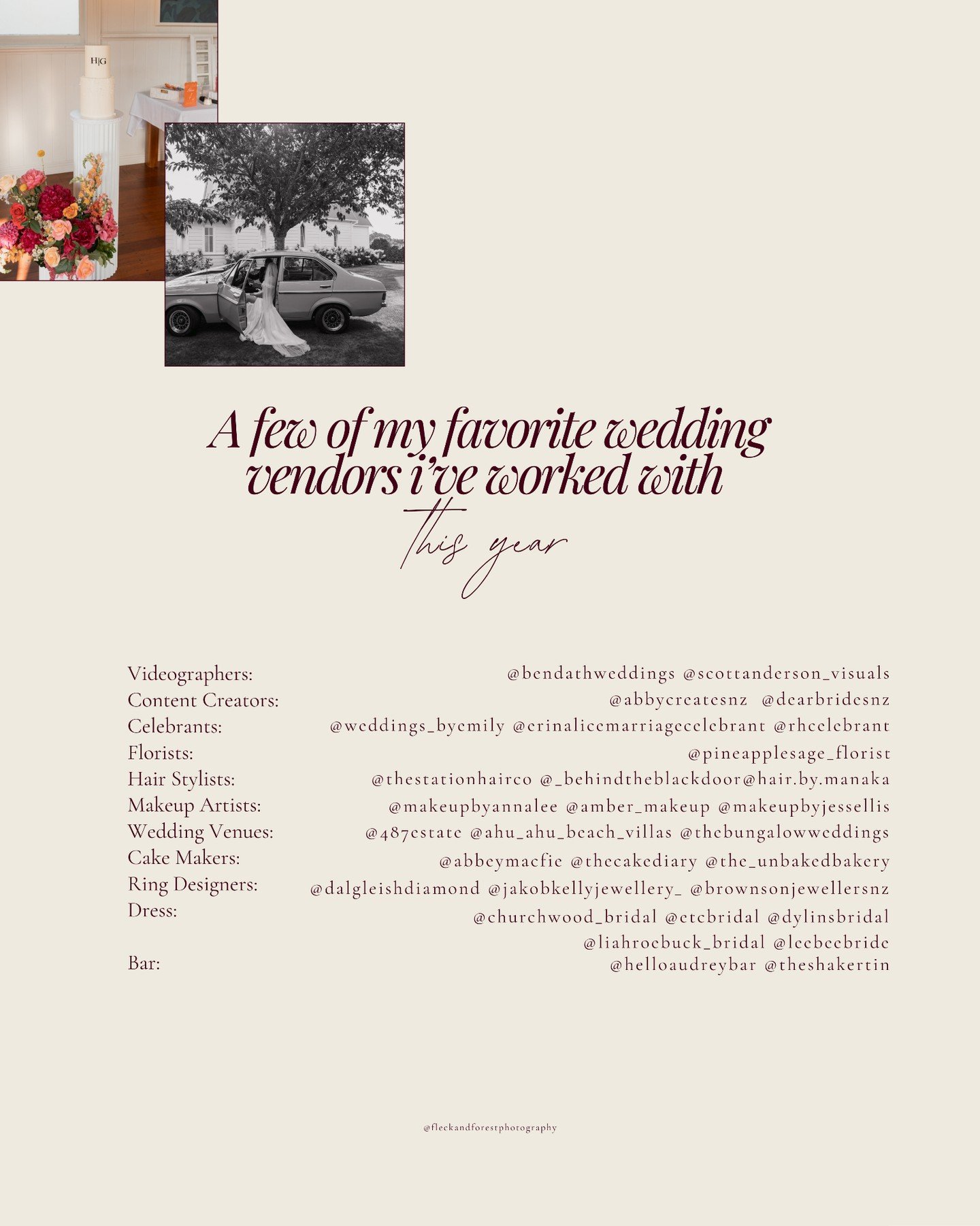 Some of my fave vendors from this years wedding season- Picking up on a strong theme here 😜 Thanks for all being so awesome to work with. Also my #1 is my second shooter @_wharehoka_photography 

There are a few vendors on my bucket list for next ye