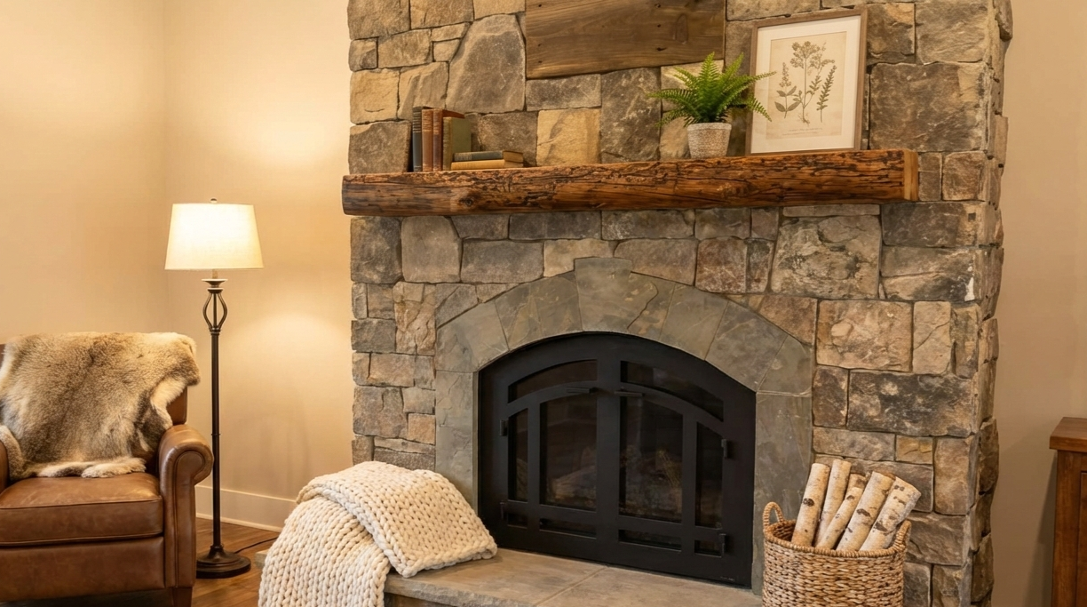 Living room with a stone fireplace, wooden mantel, framed botanical print, potted fern, stack of books, leather armchair with fur throw, floor lamp, knitted blanket, and basket of logs.