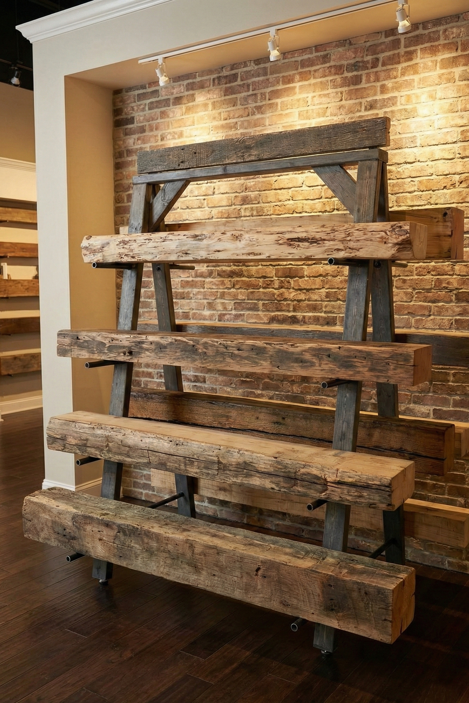 Display of rustic wooden shelves arranged on a metal stand against a brick wall in an interior space.