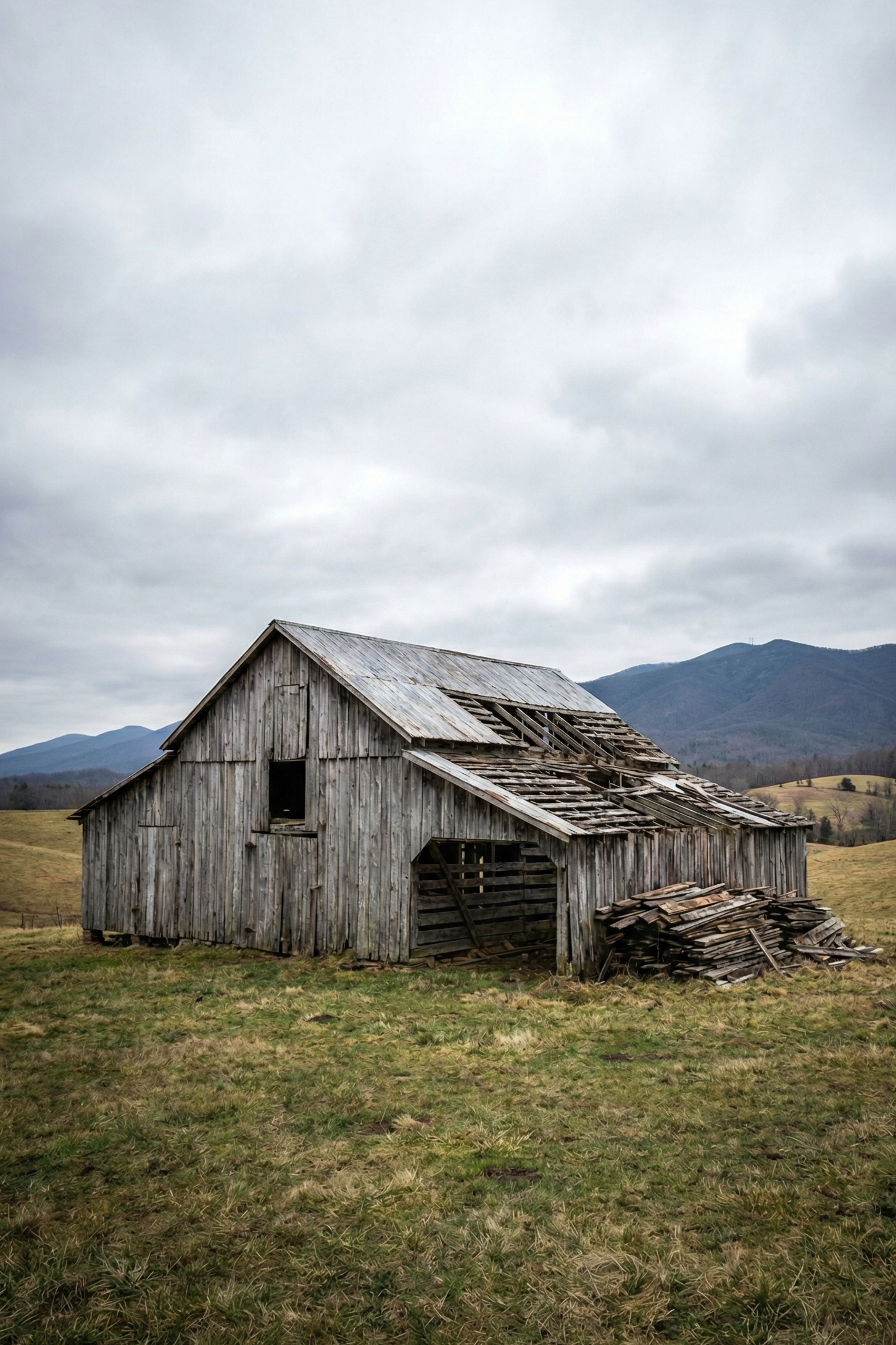An old, weathered wooden barn with a partially collapsed roof, situated in a grassy field with mountains in the background under a cloudy sky.