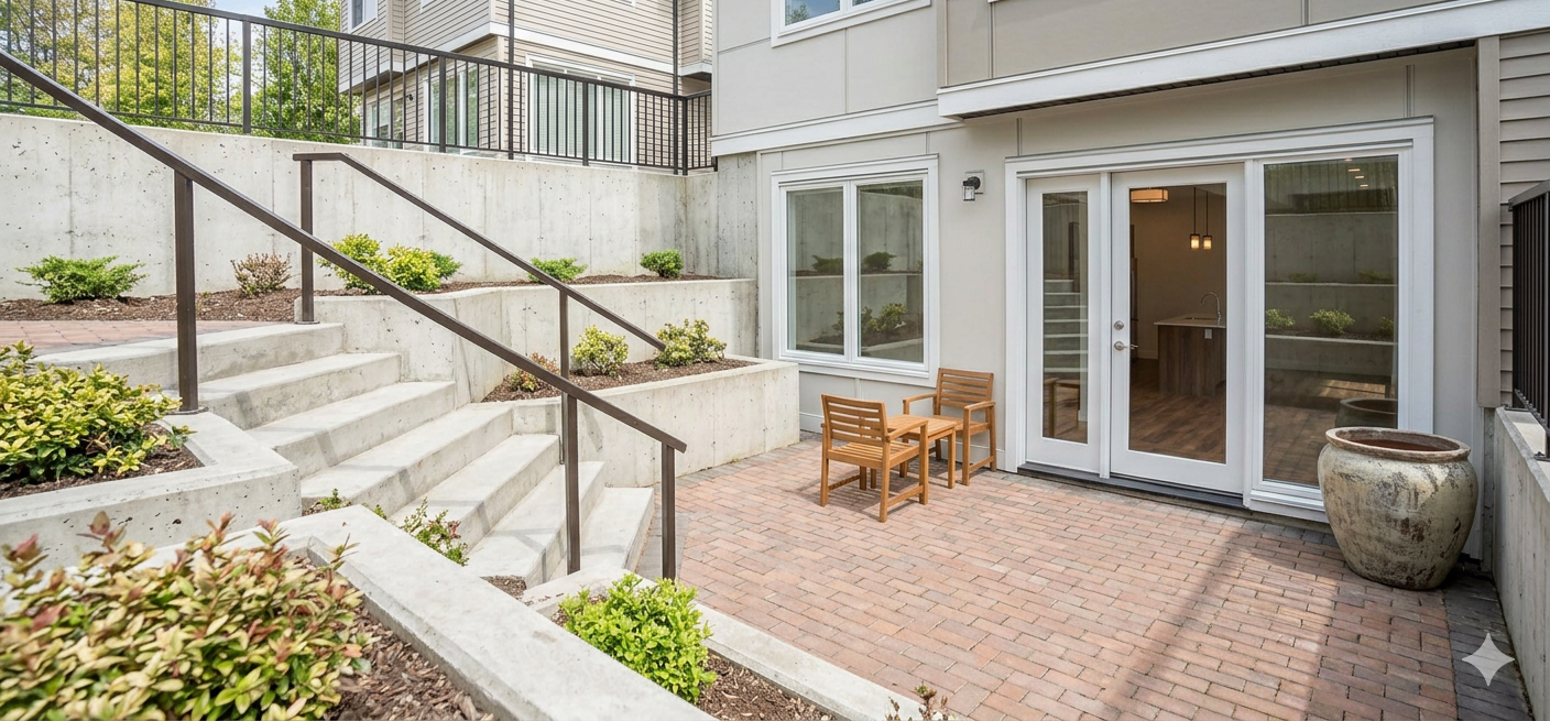 Empty laundry room with white walls, wood flooring, and a washing machine and dryer.