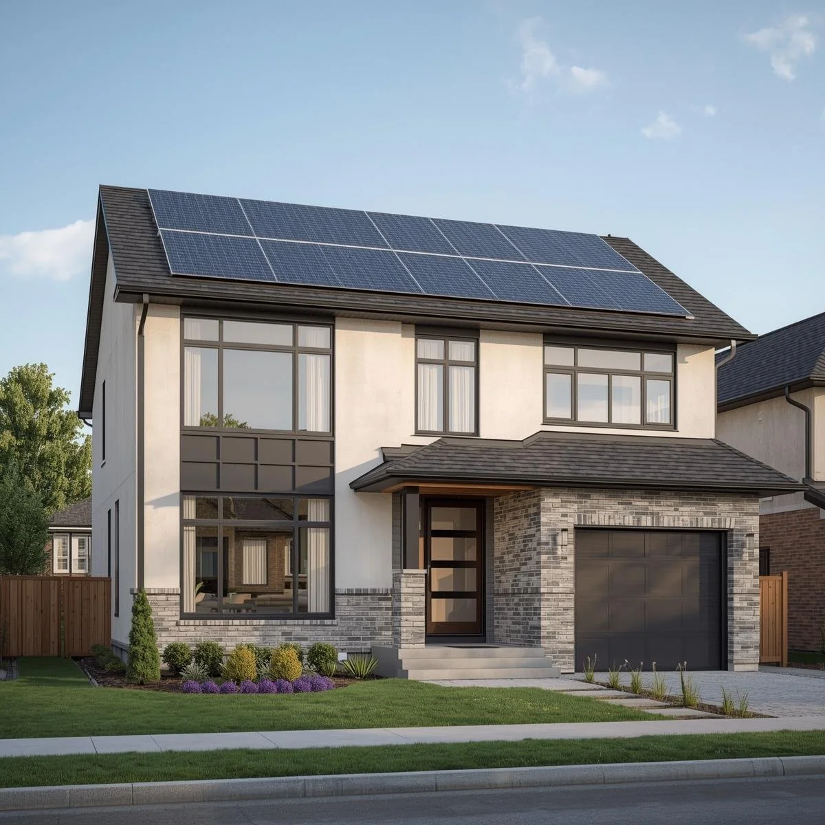 Modern two-story house with solar panels on the roof, large windows, a brick and stucco exterior, and a landscaped lawn.