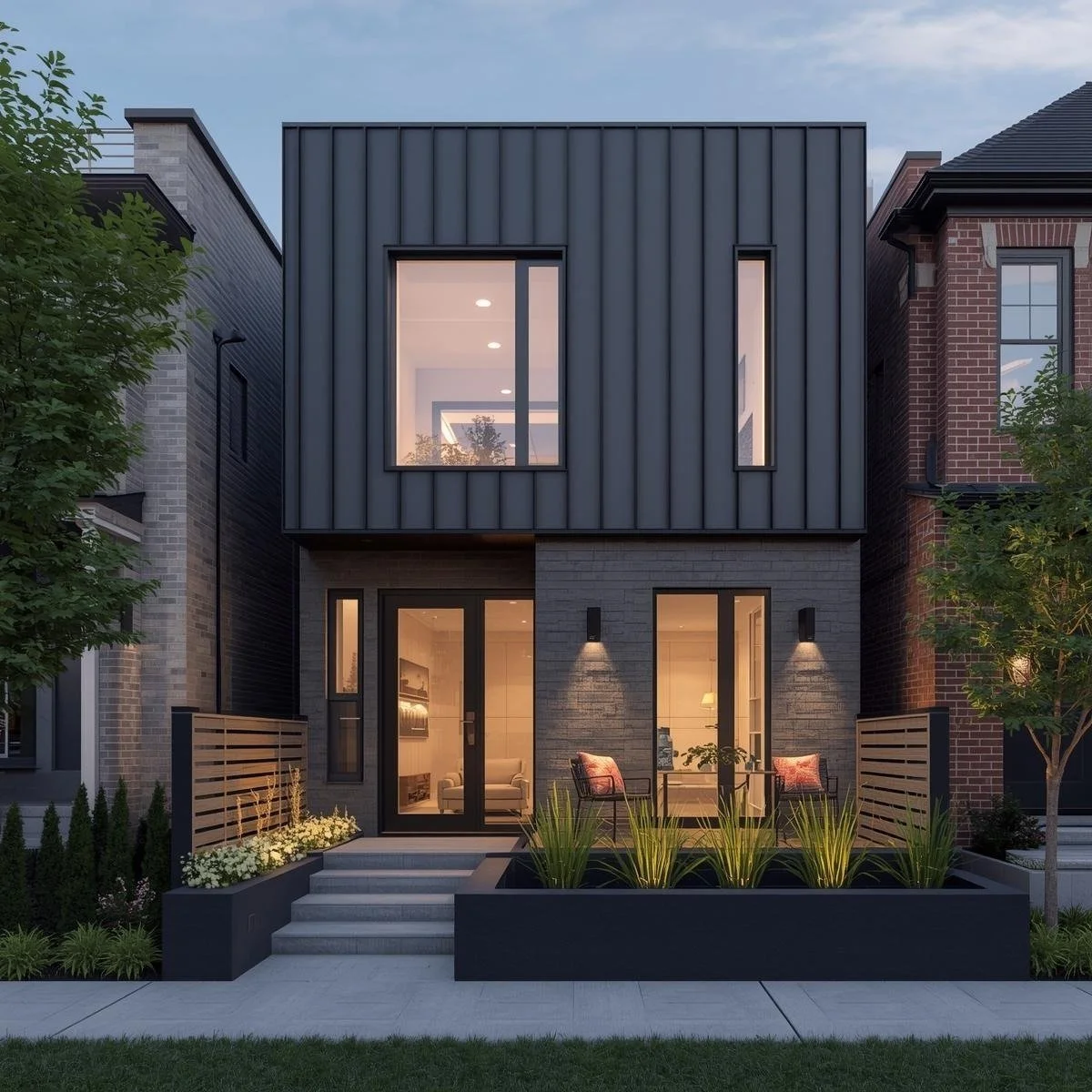 Exterior of a brick house with a set of concrete steps, potted plants, and a black front door.