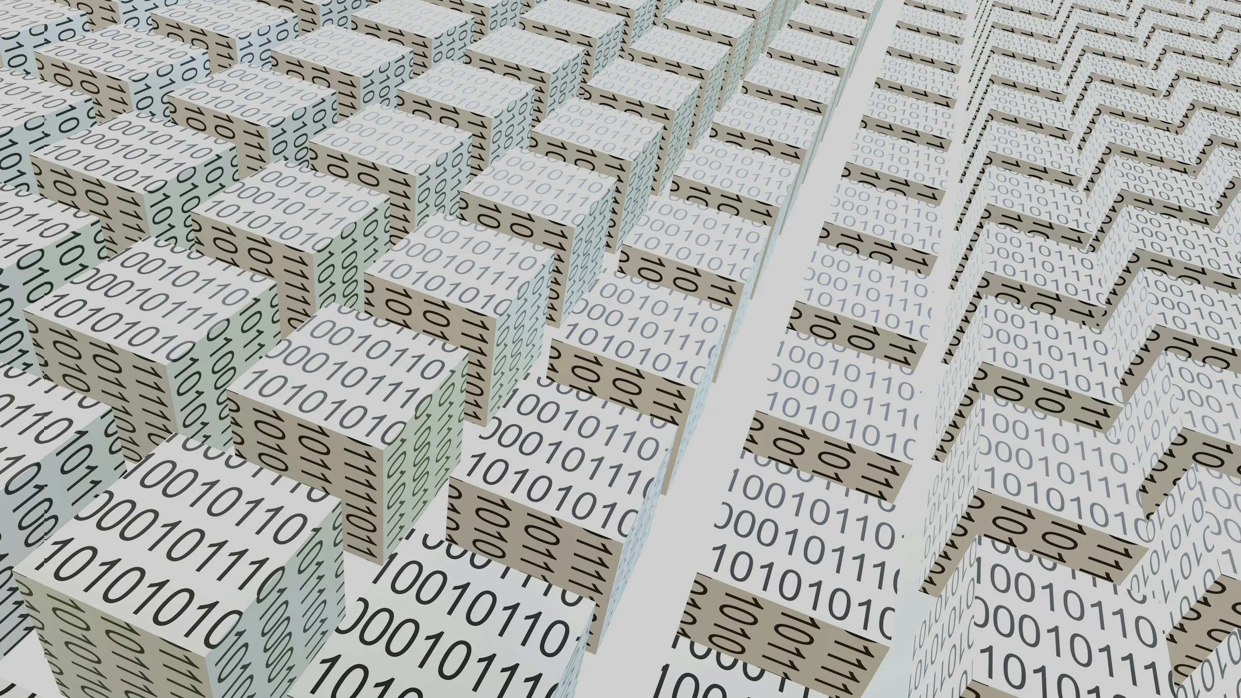 A grid of 3D blocks covered with binary code (zeros and ones), arranged in rows and columns, with a pathway dividing the blocks.