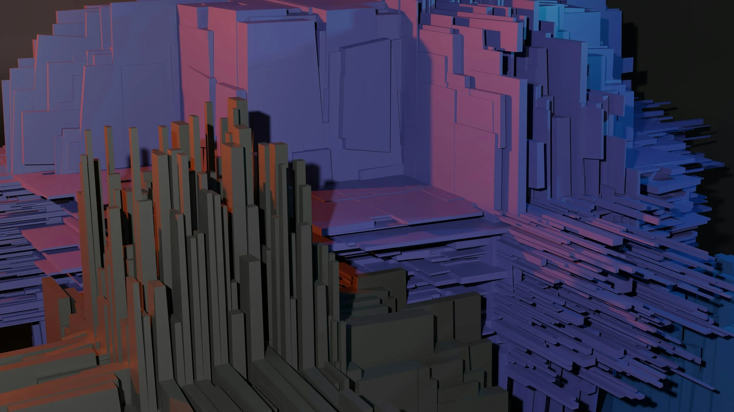 3D abstract digital art with colorful layered geometric shapes in blue, purple, black, orange, and pink hues.