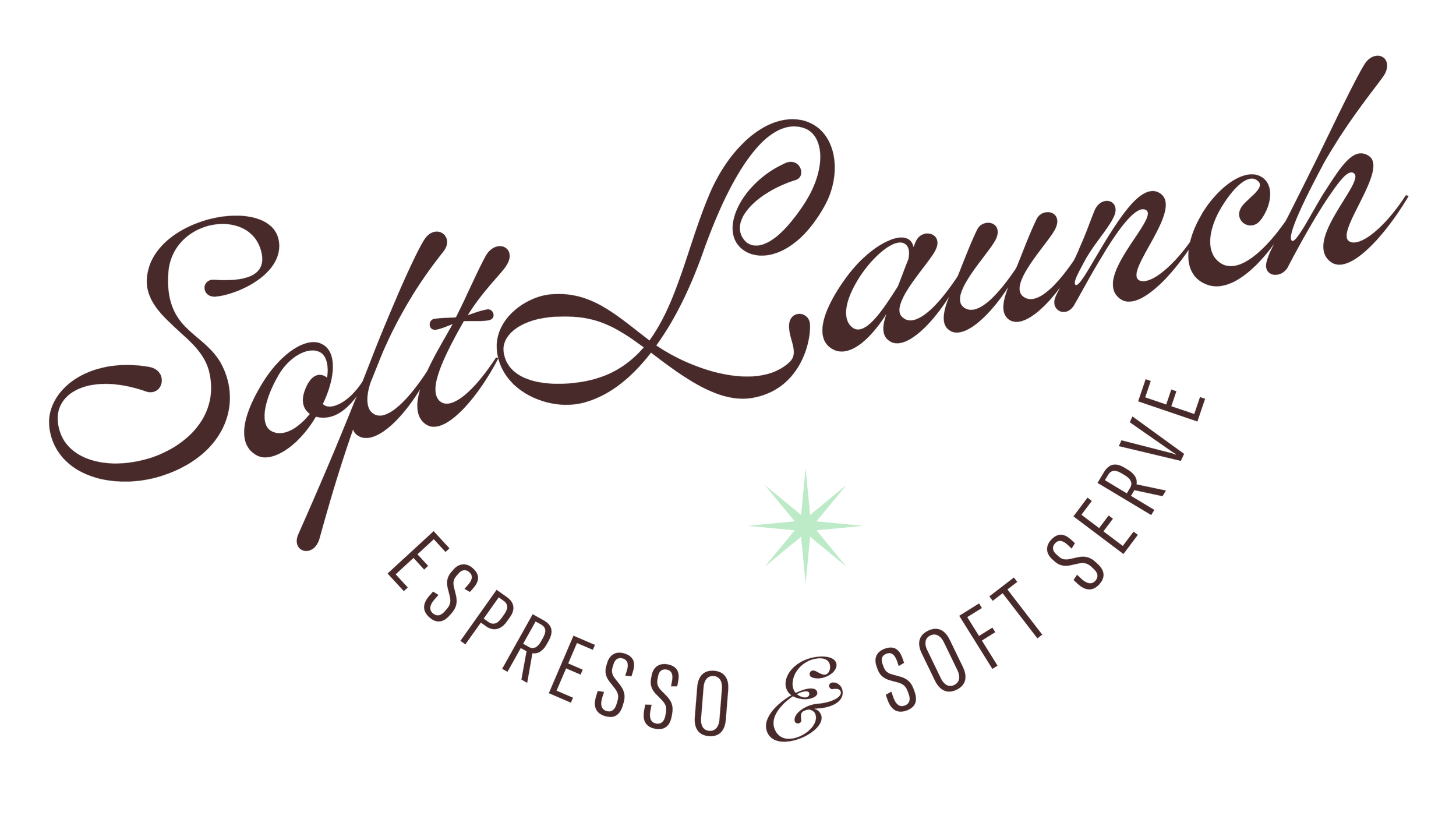 Logo for Salt LLaunch featuring the company name in cursive script, with the slogan 'Espresso & Soft Serve' below, encircling a mint green starburst design.