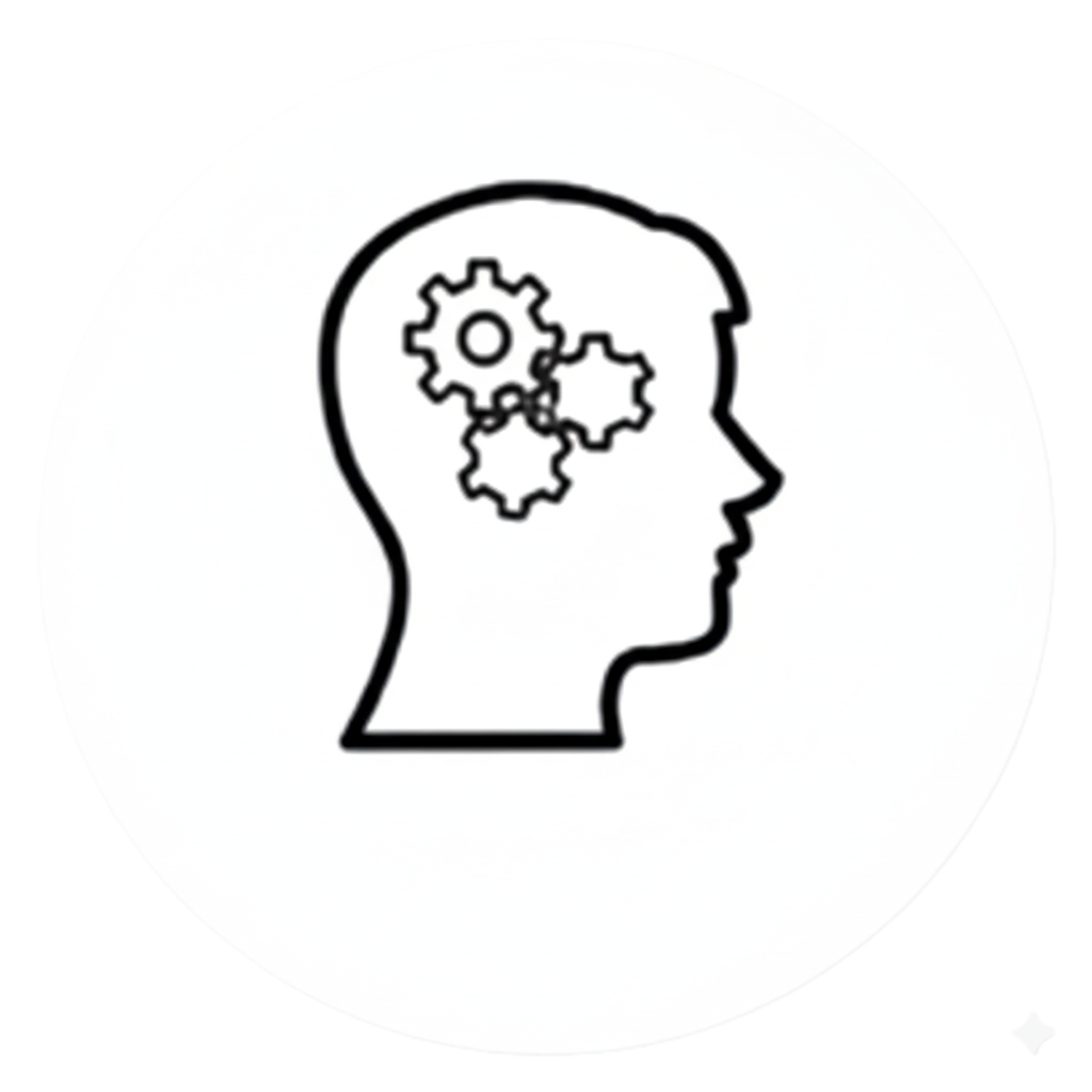 Outline of a human head with three gears inside the brain area.