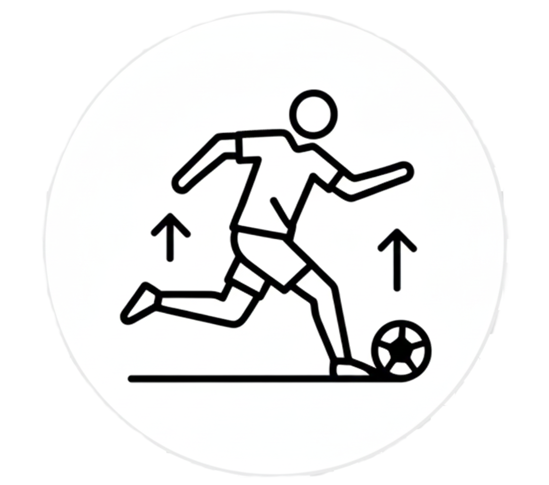 Line drawing of a person playing soccer, with arrows indicating movement.