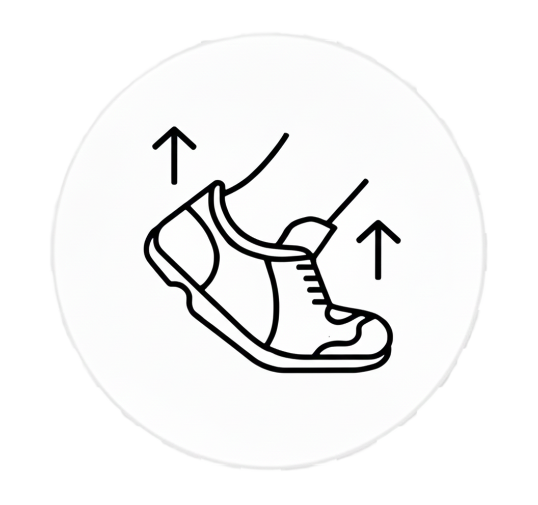 Indoor shoe with arrows pointing upward, indicating proper way to wear.