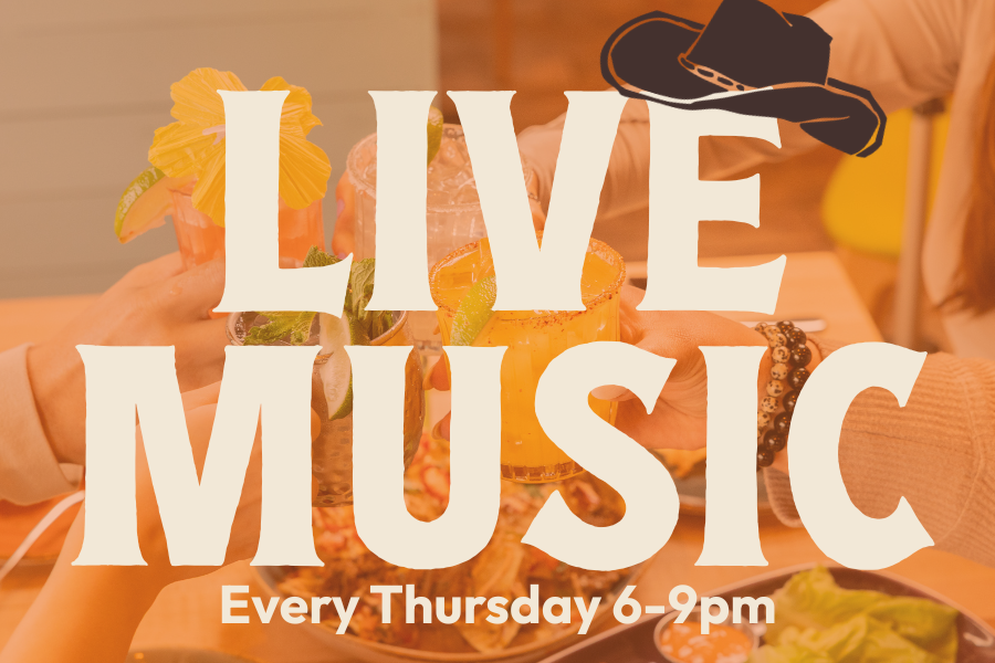 Promotional graphic showing people clinking drinks at a table. Large text reads “Live Music,” with a cowboy hat graphic above it, and smaller text below reads “Every Thursday 6–9pm