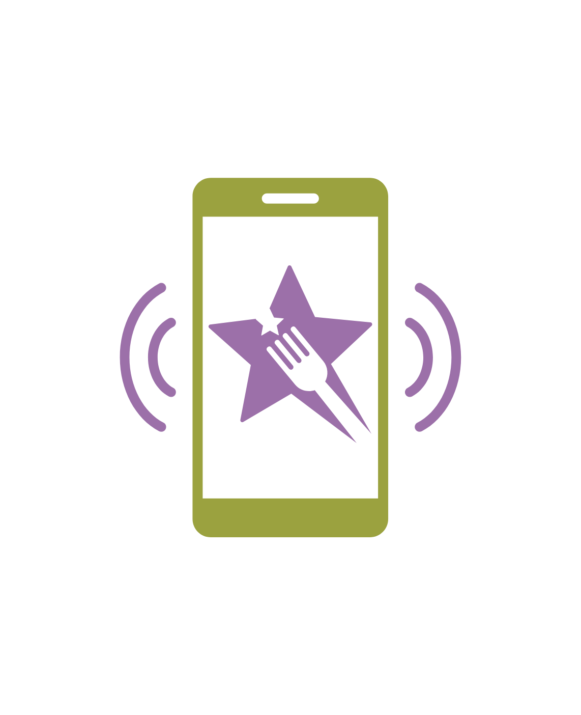 Smartphone with a star and fork graphic on the screen, indicating food delivery or dining app, with signal waves on the sides.