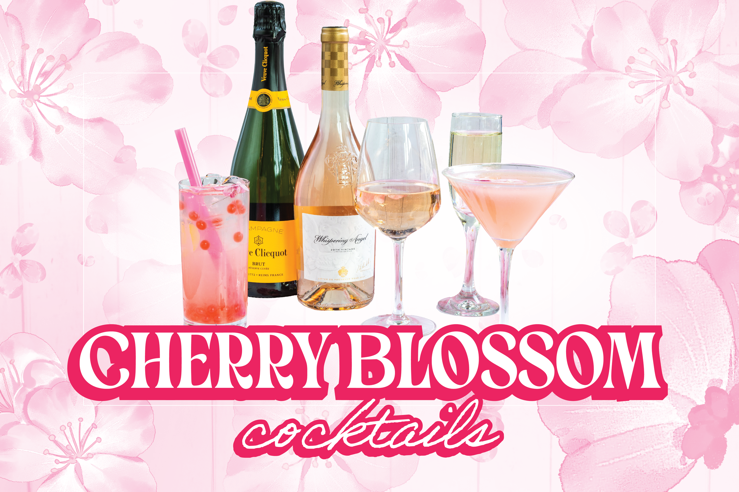 Cherry blossom–themed cocktails, champagne, and rosé bottles arranged in front of a pink floral background with the heading Cherry Blossom Cocktails.