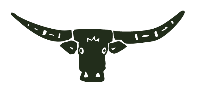 A black and white illustration of a longhorn steer skull with large, curved horns.