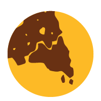 A stylized illustration of the world map within a circular shape, using dark brown and yellow colors.