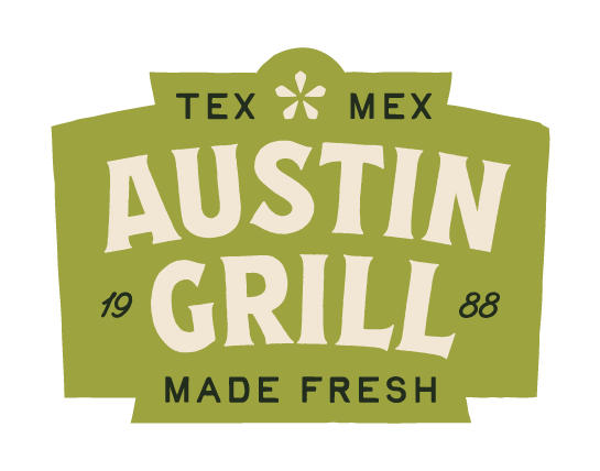 Logo for Austin Grill featuring a green shield design with text 'TEX MEX', 'AUSTIN GRILL', 'MADE FRESH', and the year 1988.
