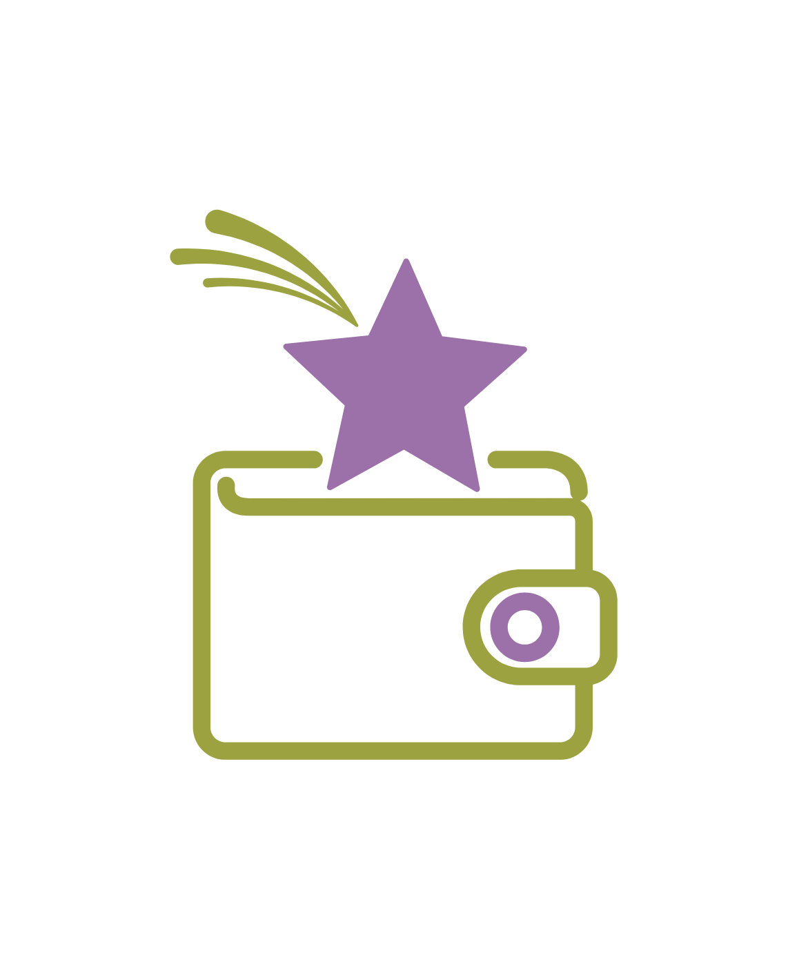 Outline illustration of a wallet with a purple star and green sparks, on a black background.