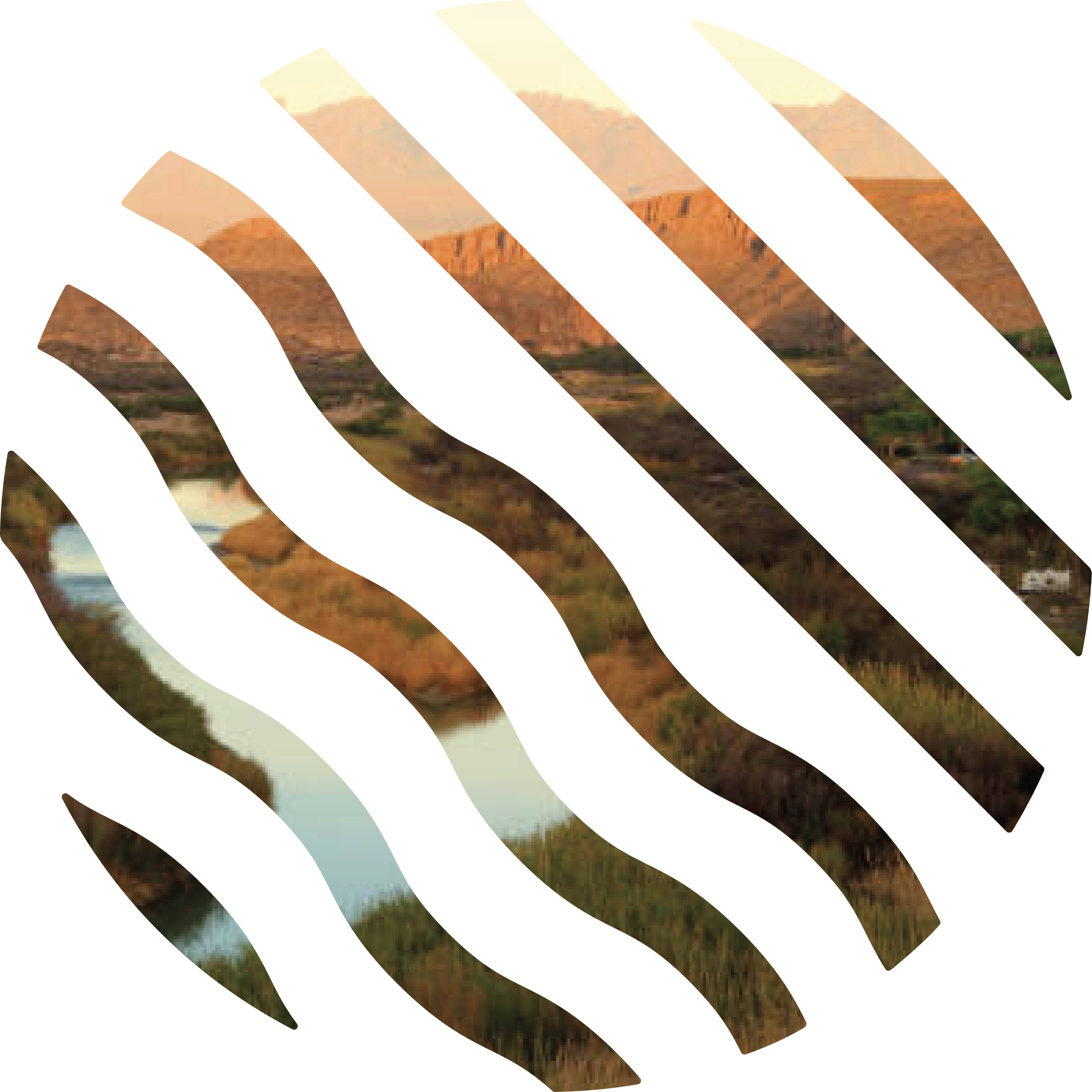 Glitched landscape featuring a river, trees, hills, mountains, and a partly cloudy sky.