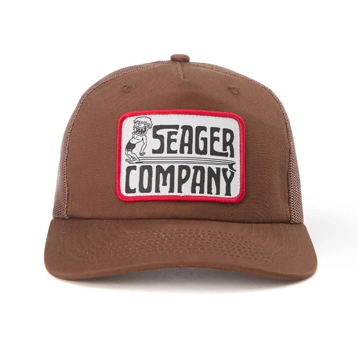 Brown trucker hat with a patch reading 'Seager Company' and a cartoon character on it.