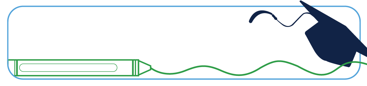 Banner with a blue graduation cap and an outline of a green crayon drawing a curved line.