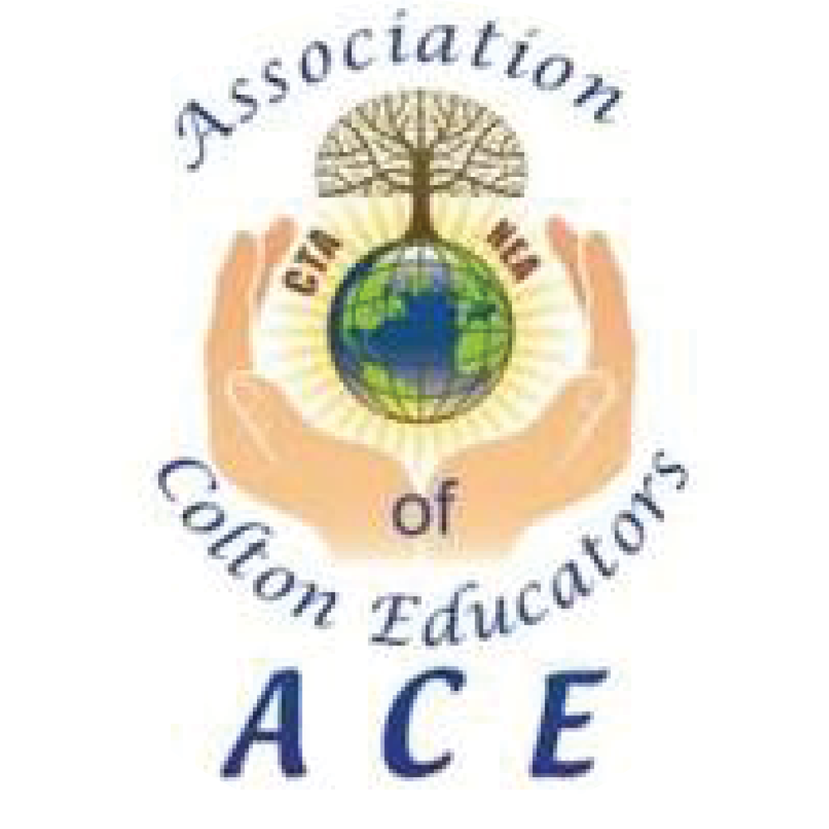 Association of Colton Educators logo two hands holding a globe and a tree growing out of it with sun rays