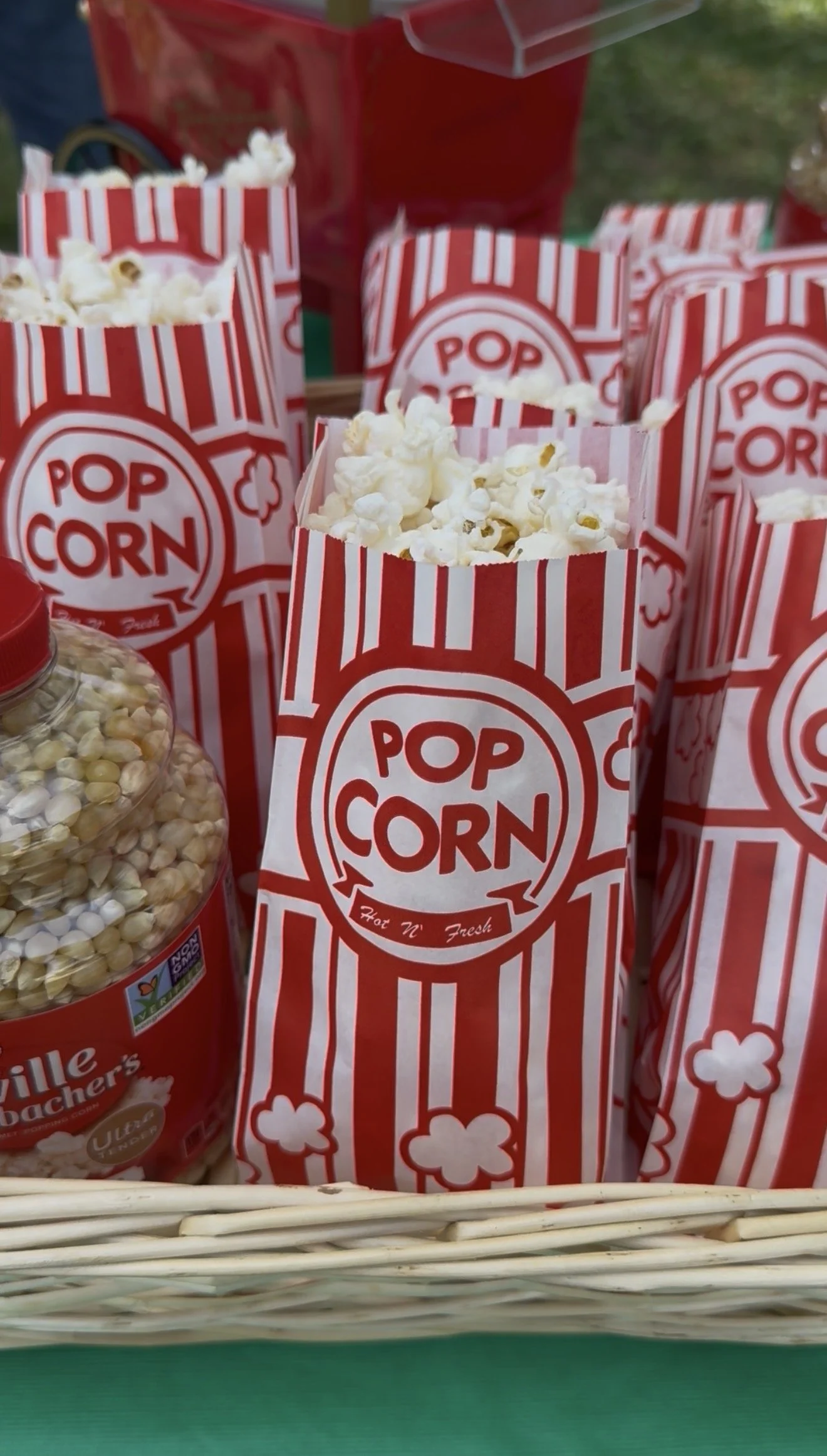 Mini bags filled with popcorn next to un-popped kernels.