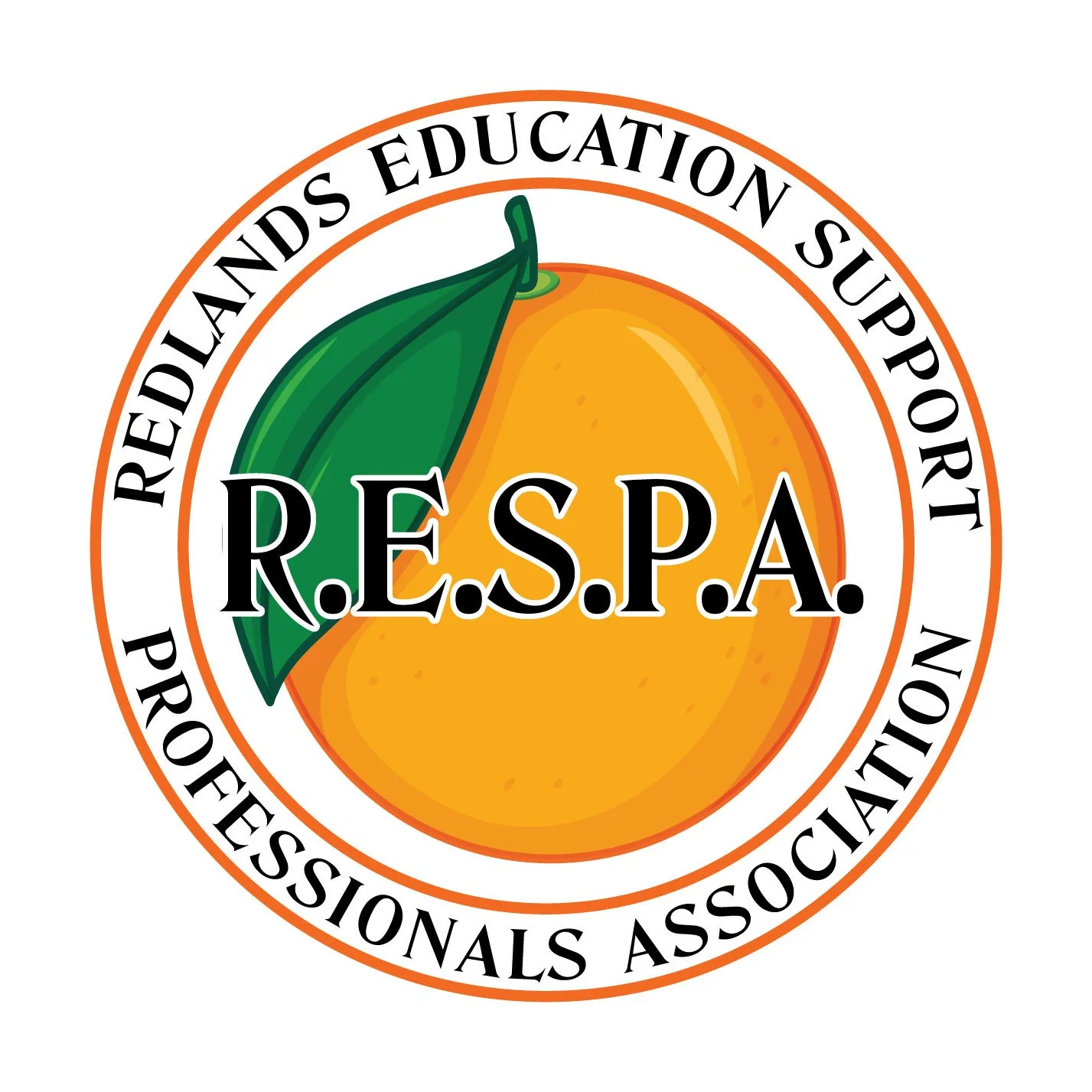 Redlands Educational  Support Professionals Association logo in a circle with a large orange in the center and the R.E.S.P.A. across the orange