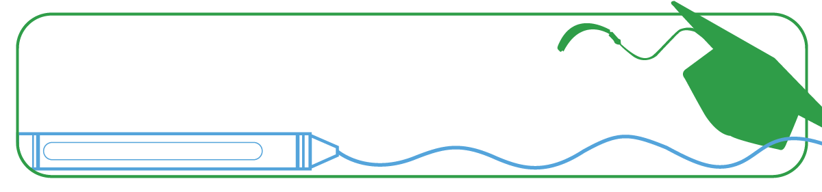 Banner with a green graduation cap and an outline of a blue crayon drawing a curved line.