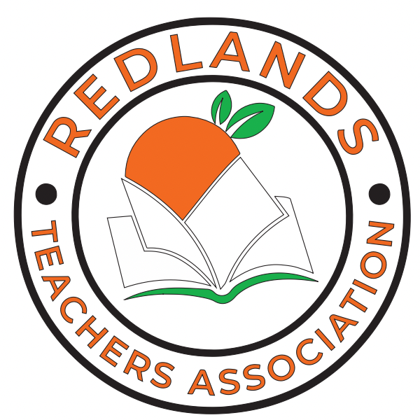 Redlands Teachers Association logo in a circle with an open book and an orange behind it