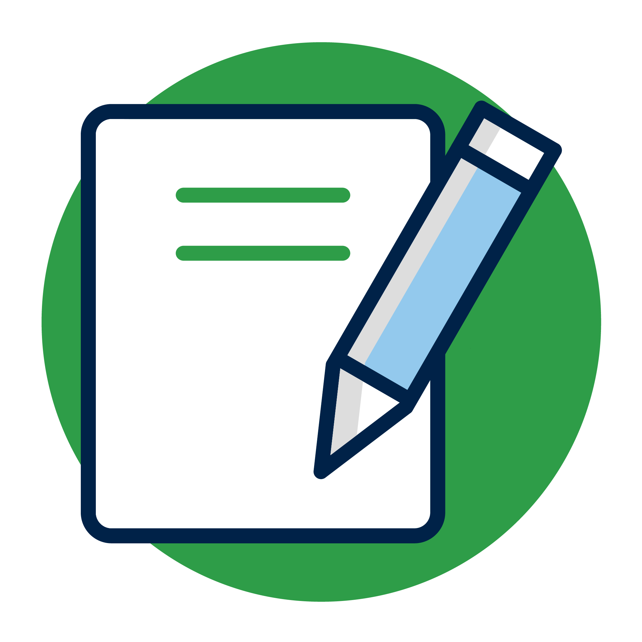 Icon of a note and a pencil in front of a circle.
