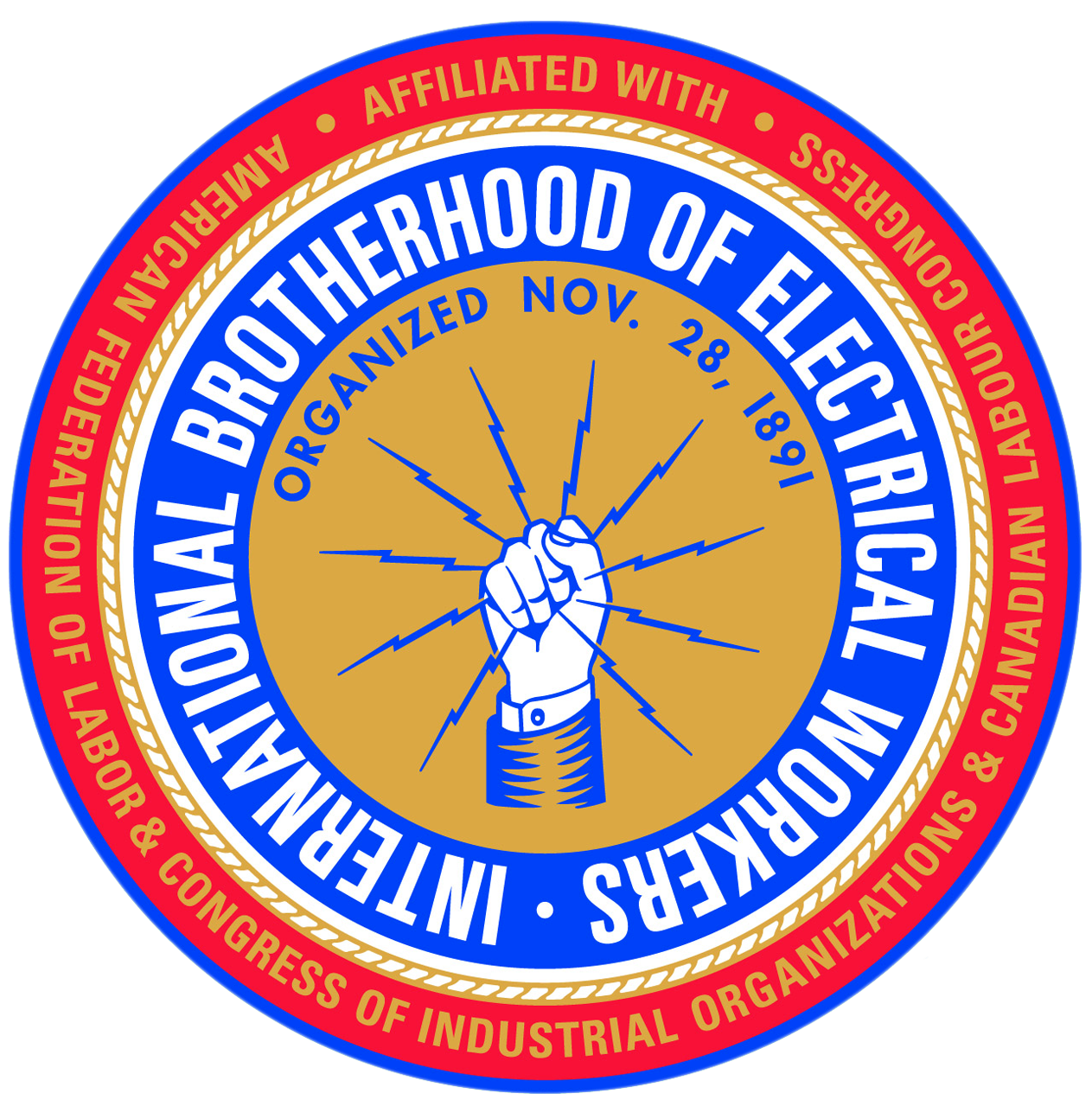 International Brotherhood of Electrical Workers logo in a circle with a raised fist and electrical images pulling out of it