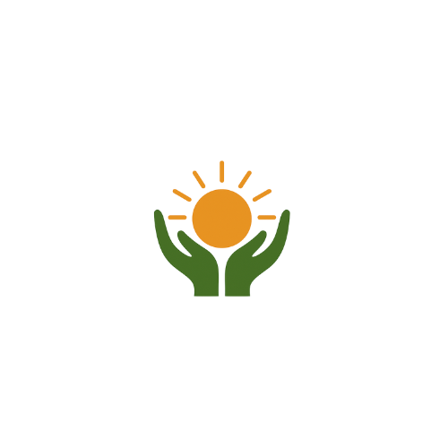 Two green hands holding a stylized orange sun with rays.