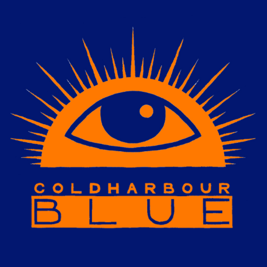 Sun rising with an oversize eye in the middle and the text "Coldharbour Blue" at the bottom in orange. All set on a blue square.
