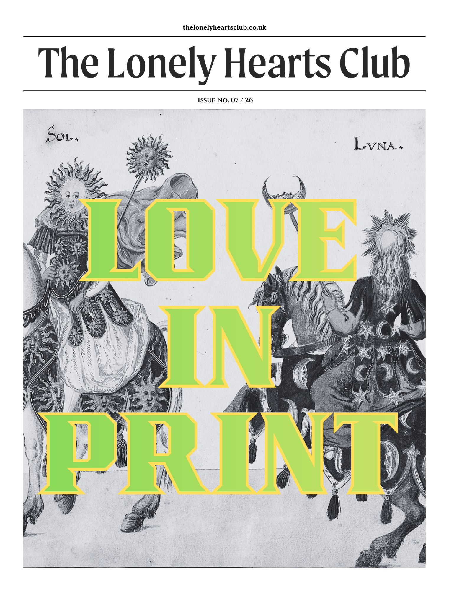 The Lonely Hearts Club Issue 07 Title Cover "Love In Print" Two riders on a horse, one with a Sun Mask and another with a Moon Mask. LHC Newspaper dedicated to personal ads.